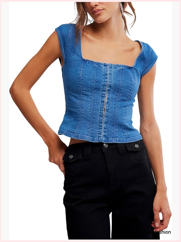 Classic Denim Corset Top Square Neck Cap Sleeve Hook-And-Eye